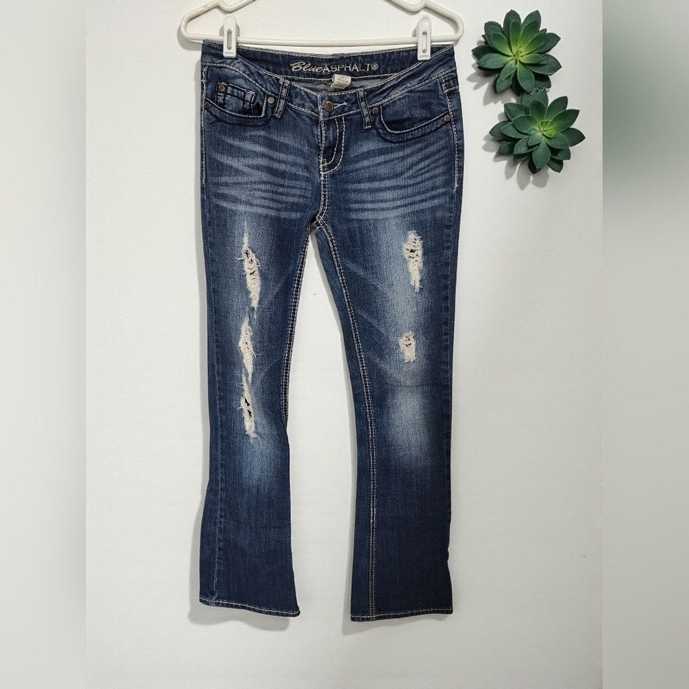 Blue Asphalt Straight Leg Jeans with Natural Fading, 7, White Stitching
